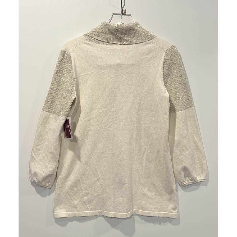 Cable & Gauge Cowl Neck Silk Blend Metallic Colorblock Sweater Cream Gold L - Picture 2 of 6